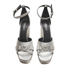 Versace Metallic Silver Platform Medusa Logo Ankle Strap Heels